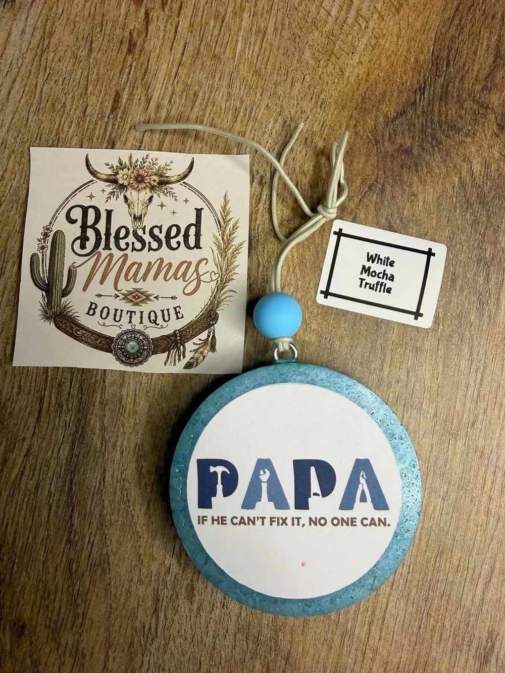 "PAPA" Round Blue Wood Hanging Car Freshie